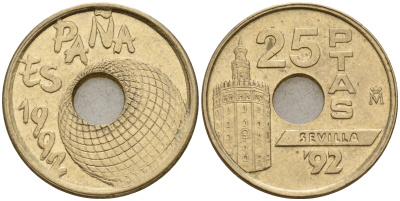 Испания 25 песет 1992 золотая башня в Севилье, EXPO 1992, Хуан Карлос I (1975-2014) KM 905 никель-бронза 4598-1211