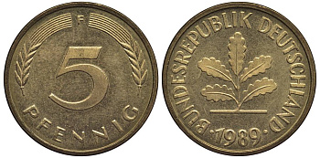 ФРГ 5 ПФЕННИГОВ 1989 F KM 107, Jager 382 сталь плакированная латунью 4547-763