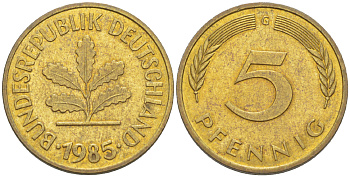 ФРГ 5 ПФЕННИГОВ 1985 G KM 107, J. 382 сталь плакированная латунью 4181-1023