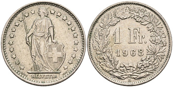 Швейцария 1 франк 1968 В KM 24а медно-никель 190-656