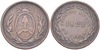 Аргентина, Буэнос-Айрес 1/10 реала 1822 Аргентинские провинции KM 1 медь 4622-113