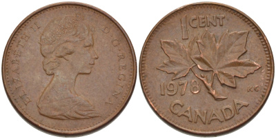 Канада 1 цент 1978 Елизавета II (1952-2022), кленовый лист KM 59.1 бронза 71-851