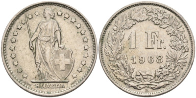 Швейцария 1 франк 1968 В KM 24а медно-никель 190-656