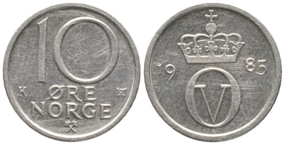 НОРВЕГИЯ 10 ЭРЕ 1985 УЛАФ V (1957-1991) KM 416 медно-никель 100-1216