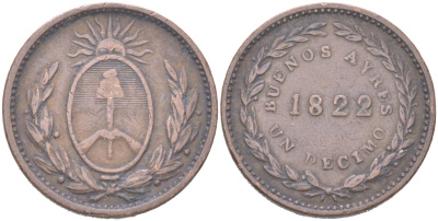 Аргентина, Буэнос-Айрес 1/10 реала 1822 Аргентинские провинции KM 1 медь 4622-113