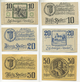 Австрия набор из 3 банкнот 1921 30 июня 1921, нотгельд, 10, 20, 50 геллеров, ST. GEORGEN and SOLLEF   бумага  aUNC  7555-3-3-2