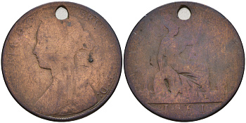 Великобритания 1/2 пенни 1861 Виктория (1837-1901), с отверстием KM 748.2, Spink 3956 бронза    4161-741