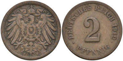 Германия 2 пфеннига 1912 F KM 16, J. 11, Weege 4 медь 4573-1157