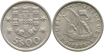 ПОРТУГАЛИЯ 5 ЭСКУДО 1975 ПАРУСНИК KM 591 медно-никель 4388-513