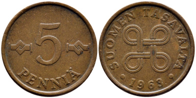 ФИНЛЯНДИЯ 5 ПЕННИ 1963 ПЕРВЫЙ ГОД KM 45 медь 71-1537