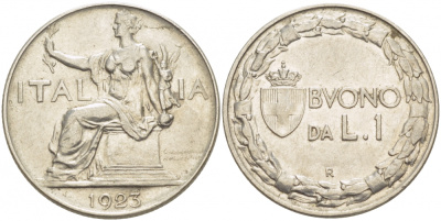 ИТАЛИЯ 1 ЛИРА 1923 R, ВИКТОР ИМАНУИЛ III KM 62 никель 3718-555