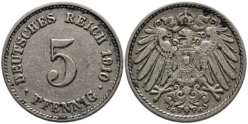Германия 5 пфеннигов 1910 G KM 11, Jager 12, Weege 6 медно-никель 4547-519