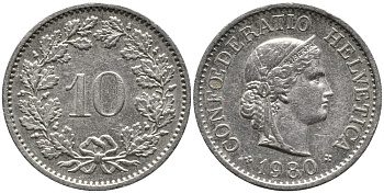 Швейцария 10 раппенов 1980 KM 27 медно-никель 4539-522