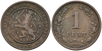 Нидерланды 1 цент 1897 Вильгельмина (1890-1948) KM 107 бронза 4576-626