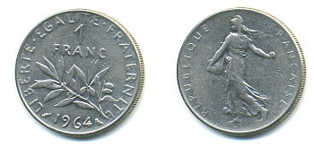 Франция 1 франк 1964 сеятель KM 925.1, Le Franc 226.8 никель 57-117