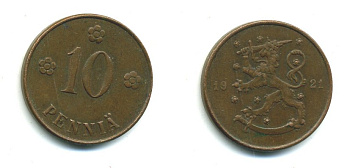 Финляндия 10 пенни 1921 республика (1918-1962) KM 24 медь 29-1111
