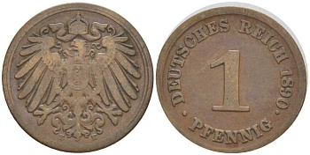 ГЕРМАНИЯ 1 ПФЕННИГ 1890 E KM 10, J. 10, Weege 2 медь 211-138