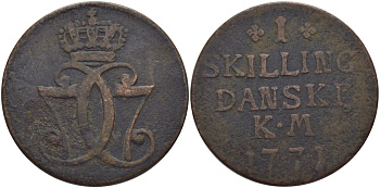 ДАНИЯ 1 СКИЛЛИНГ 1771 КМ, КРИСТИАН VII (1766-1808) KM 616 (С47) медь 97-1124