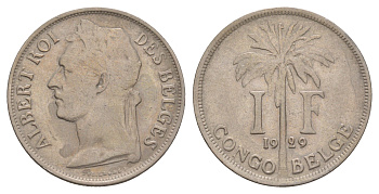 Бельгийское Конго 1 франк 1929 Надпись на французском - 'ALBERT ROI DES BELGES' KM 20 медно-никель 4653-922