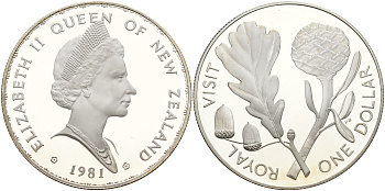 Новая Зеландия 1 доллар 1981 Королевский визит, английский дуб, Елизавета II (1952-2022) KM 50a серебро PROOF 1066-5-24