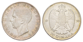 Югославия 20 динаров 1938 Петр II (1934-1945) KM 23 серебро 4646-527