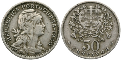 Португалия 50 сентаво 1959 KM 577 медно-никель 4175-411