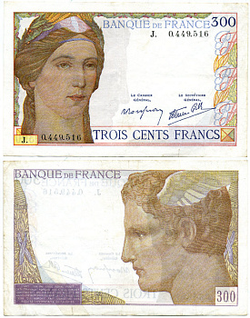 Франция 300 франков 1938 серия J Pick 87 бумага VF+ 451-93-2