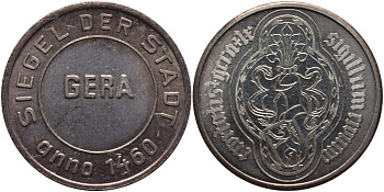 Германия медаль ND СТАРАЯ ПЕЧАТЬ ГОРОДА ГЕРА В ТЮРИНГИИ, 1460 год, диаметр 35,5 мм. никелированная сталь 4552-211