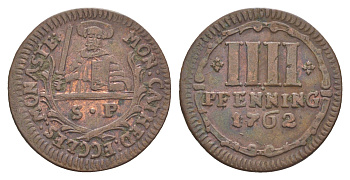Мюнстер 4 пфеннига 1762 Монетный двор кафедрального капитула KM 439 медь 633-1643
