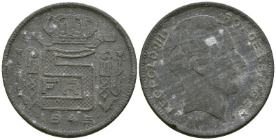 Бельгия 5 франков 1945 Belges, Леопольд III (1934-1947), германская оккупация KM 129.1 цинк 4177-1052