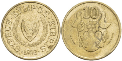 КИПР 10 ЦЕНТОВ 1993 ПТИЧКИ НА ВАЗЕ KM 56.3 никель латунь 4526-1215
