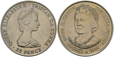 Тристан-да-Кунья 25 пенсов 1980 80 лет со дня рождения Королевы-Матери KM 3 медно-никель 4558-1222