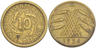 ГЕРМАНИЯ 10 РЕНТЕНПФЕННИГОВ 1924 A KM 33, J.309, Weege 8 алюминиевая бронза 202-245