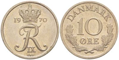 ДАНИЯ 10 ЭРЕ 1970 C; S, ФРЕДЕРИК IX (1947-1972) KM 849.1 медно-никель 4387-1046