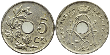 Бельгия 5 сантимов 1925 Belgie KM 67 медно-никель 86-167