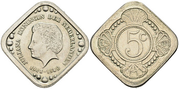 Нидерланды жетон 5 центов 1980 на смерть королевы Юлианы (1948-1980), размер 19,5Х19,5 мм. медно-никель UNC 3334-436