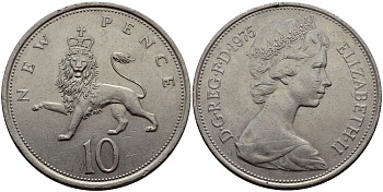 Великобритания 10 пенсов 1975 Елизавета II (1952-2022) KM 912, Spink 4231 (F1) медно-никель 51-2832