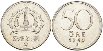 Швеция 50 эре 1948 TS, Густав V (1907-1950) KM 817 серебро 190-853
