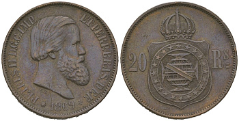 Бразилия 20 рейсов 1869 Педру II (1831-1889) KM 474 бронза 92-944