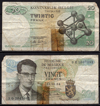 Бельгия 20 франков 1964 Бодуэн I; Атомиум, Брюссель Pick 138 (2) бумага 7548-110-4-1