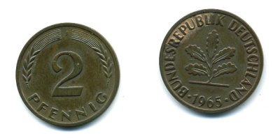 ФРГ 2 пфеннига 1965 J KM 106, J.381 бронза 3999-1119
