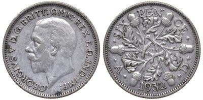 Великобритания 6 пенсов 1932 Георг V (1910-1936) KM 832, Spink 4041 серебро 4124-729