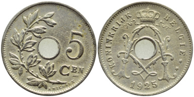 Бельгия 5 сантимов 1925 Belgie KM 67 медно-никель 86-167