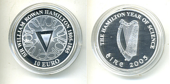 ИРЛАНДИЯ 10 ЕВРО 2005 200 ЛЕТ СО ДНЯ РОЖДЕНИЯ СЕРА ВИЛЬЯМА РОУЭНА ГАМИЛЬТОНА, МАТЕМАТИКА, ФИЗИКА И АСТРОНОМА, В ОРИГИНАЛЬНОЙ КОРОБКЕ С СЕРТИФИКАТОМ KM 44 серебро PROOF 6-2-14