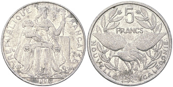 Французская Новая Каледония 5 франков 2008 птица кагу, (IEOM) KM 16, Schoen 12, Lec 81k алюминий 215-922