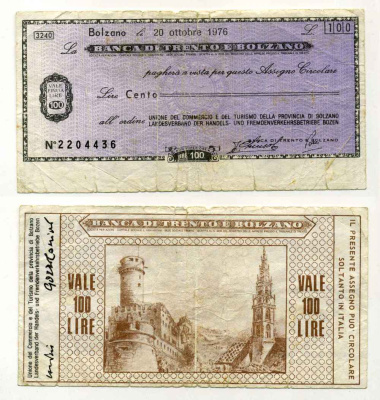 Италия чек на 100 лир 1976 Banca Di trento e bolzano, союз торговли и туризма провинции solzand, 20 октября 1976 бумага 8588-14-3-1