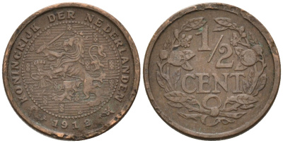 Нидерланды 1/2 цента 1912 Вильгельмина (1890-1948) KM 138 бронза 4576-344