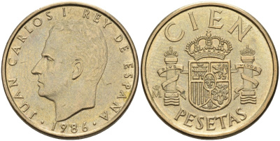 Испания 100 песет 1986 Хуан Карлос I (1975-2014) KM 826 алюминиевая бронза 4583-942