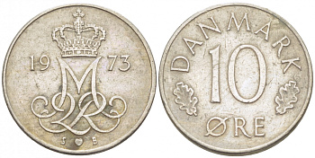 ДАНИЯ 10 ЭРЕ 1973 S; B, МАРГРЕТЕ II (1972-) KM 860.1 медно-никель 3996-1059
