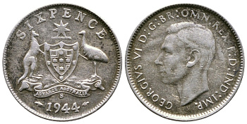 АВСТРАЛИЯ 6 ПЕНСОВ 1944 S, ГЕОРГ VI KM 38 серебро 4178-238